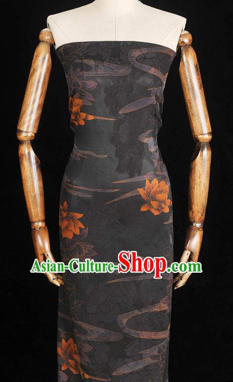 Chinese Traditional Cheongsam Cloth Silk Fabric Classical Lotus Pattern Black Jacquard Satin Gambiered Guangdong Gauze