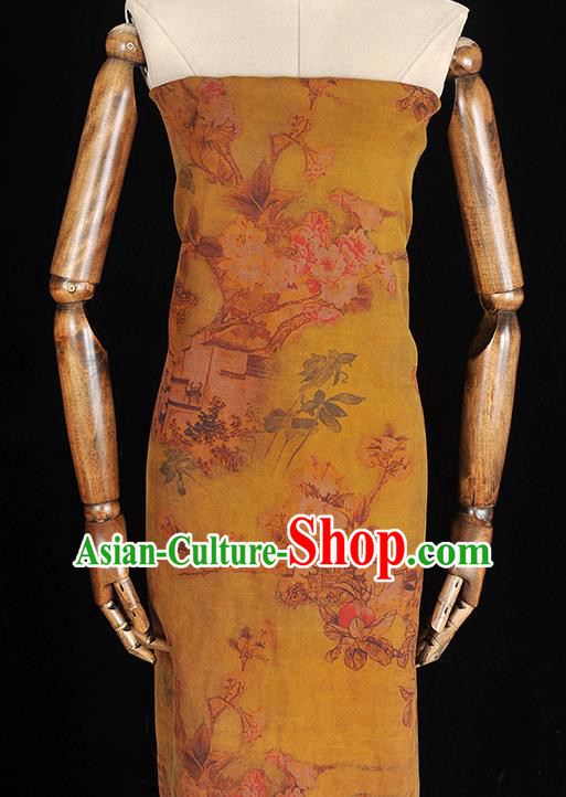 Chinese Yellow Silk Fabric Traditional Cheongsam Cloth Classical Peach Blossom Pattern Gambiered Guangdong Gauze