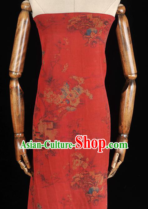 Chinese Traditional Cheongsam Cloth Classical Peach Blossom Pattern Gambiered Guangdong Gauze Red Silk Fabric