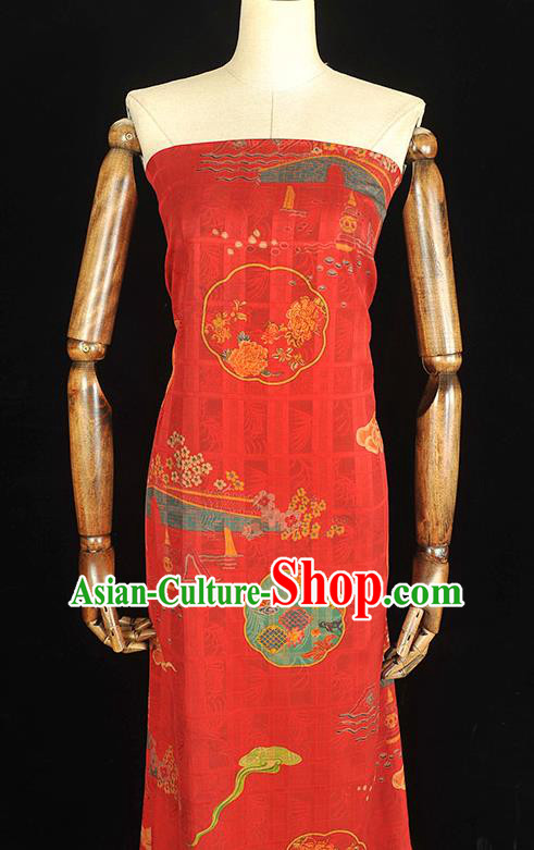 Chinese Traditional Red Gambiered Guangdong Gauze Cheongsam Cloth Classical Bridge Flowers Pattern Silk Fabric