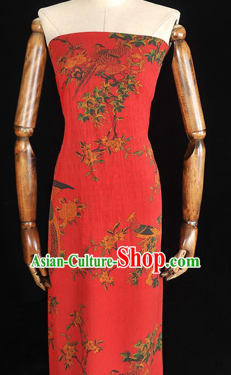 Chinese Classical Begonia Birds Pattern Red Silk Fabric Traditional Gambiered Guangdong Gauze Cheongsam Cloth