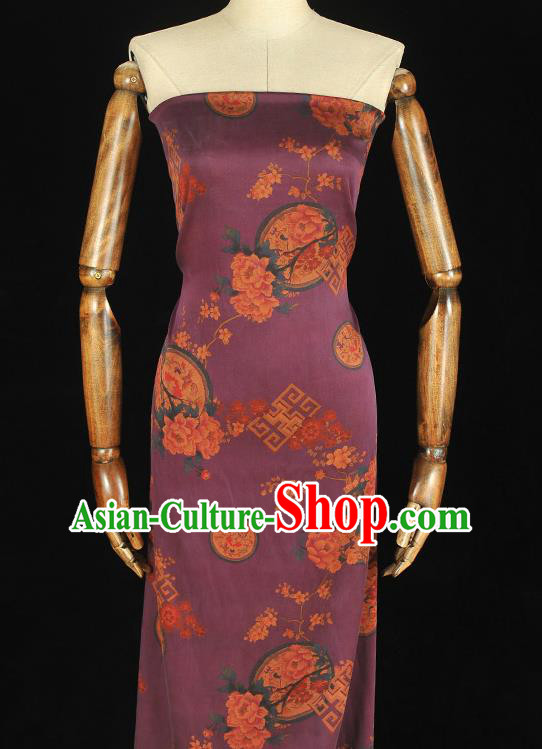 Chinese Purple Gambiered Guangdong Gauze Classical Plum Peony Pattern Silk Fabric Traditional Cheongsam Cloth