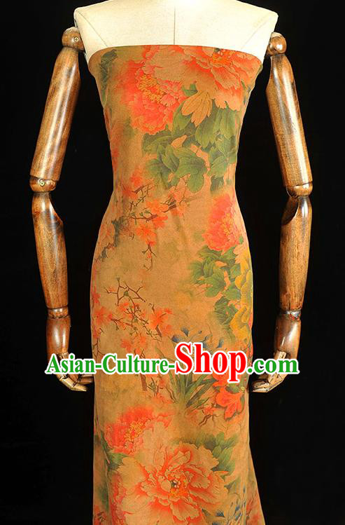 Chinese Silk Fabric Classical Peony Pattern Gambiered Guangdong Gauze Traditional Cheongsam Ginger Cloth