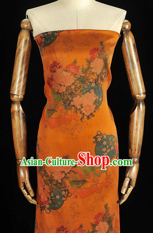 Chinese Orange Gambiered Guangdong Gauze Traditional Cheongsam Satin Cloth Classical Peony Plum Pattern Silk Fabric