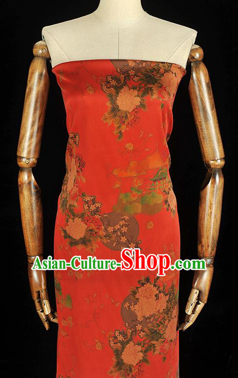 Chinese Traditional Cheongsam Satin Cloth Classical Peony Plum Pattern Silk Fabric Red Gambiered Guangdong Gauze