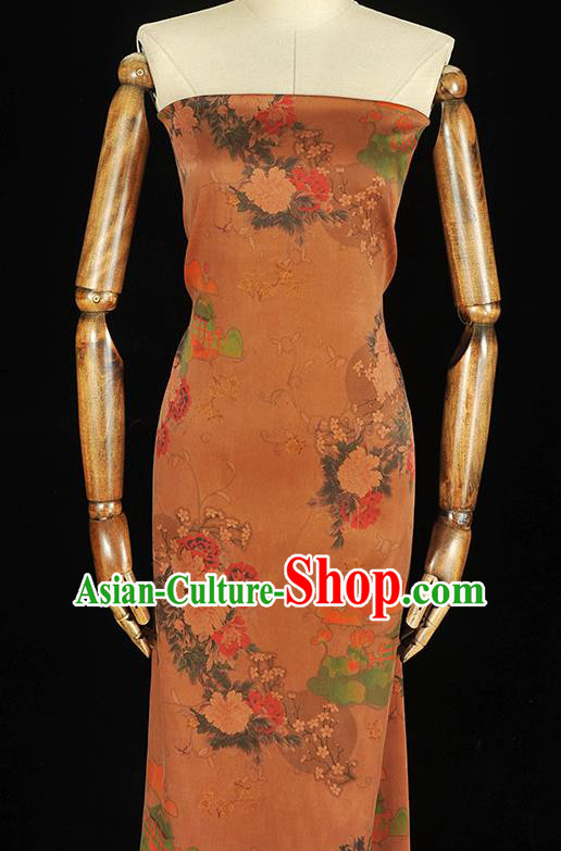 Chinese Gambiered Guangdong Gauze Traditional Cheongsam Light Brown Satin Cloth Classical Peony Plum Pattern Silk Fabric