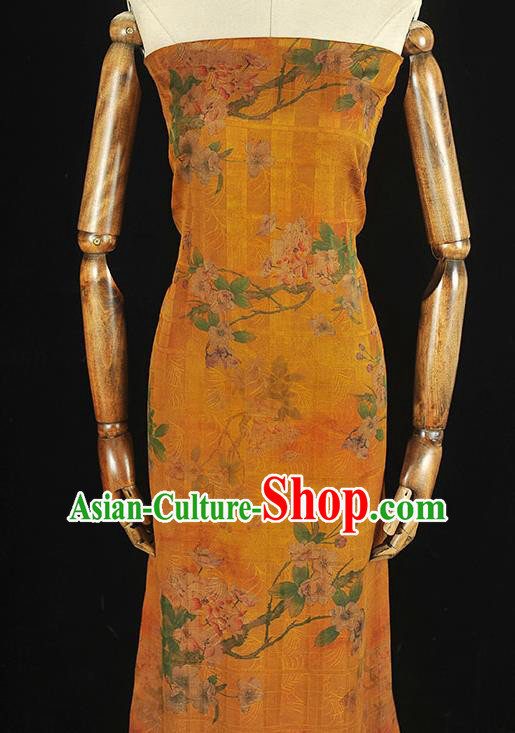 Chinese Traditional Yellow Silk Fabric Cheongsam Satin Cloth Classical Begonia Pattern Gambiered Guangdong Gauze