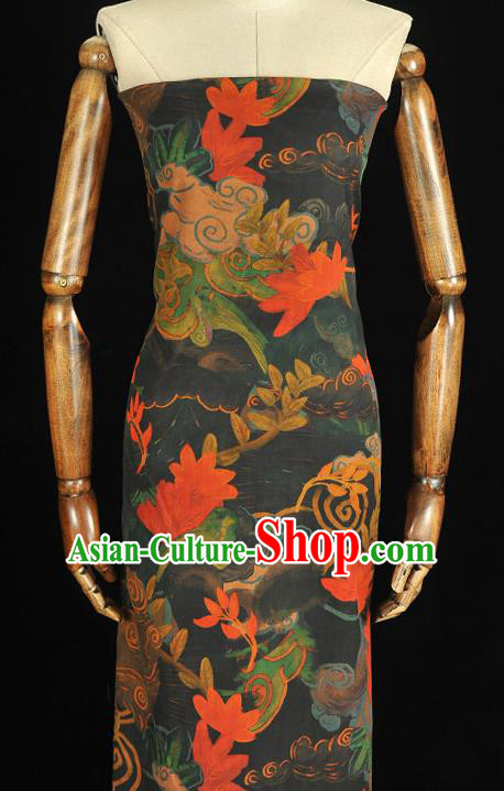 Chinese Traditional Black Silk Fabric Cheongsam Satin Cloth Classical Red Lotus Pattern Gambiered Guangdong Gauze