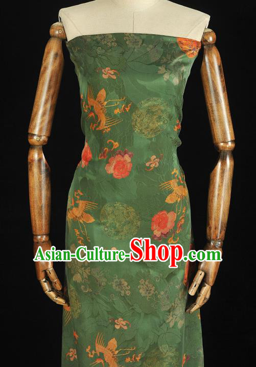 Chinese Classical Crane Peony Pattern Silk Gambiered Guangdong Gauze Fabric Traditional Cheongsam Green Satin Cloth