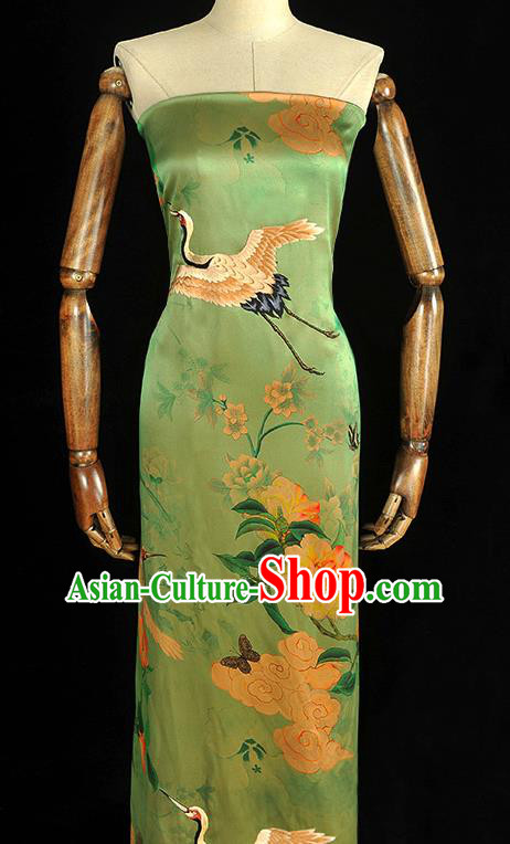 Chinese Traditional Cheongsam Satin Cloth Green Gambiered Guangdong Gauze Fabric Classical Embroidered Cloud Crane Pattern Silk