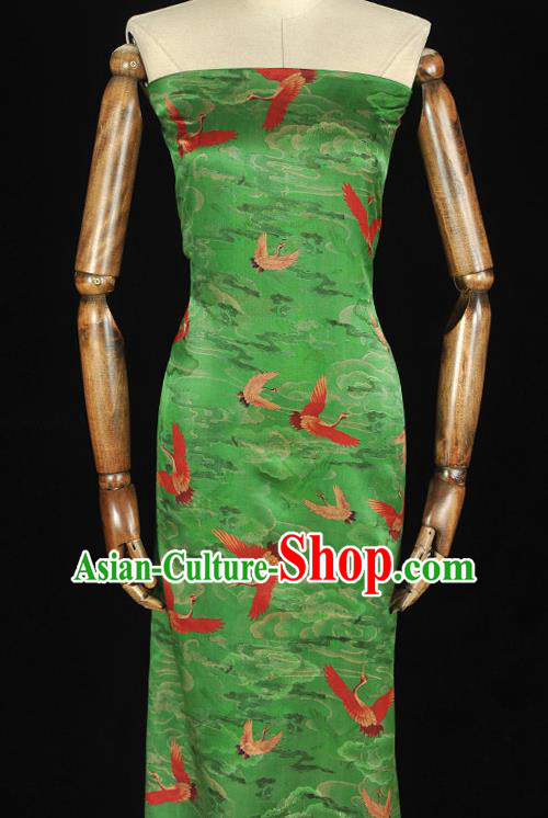 Chinese Gambiered Guangdong Gauze Classical Cloud Crane Pattern Silk Fabric Traditional Cheongsam Jacquard Green Satin Cloth