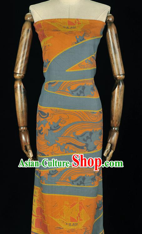 Chinese Blue Cloth Traditional Cheongsam Gambiered Guangdong Gauze Classical Sailboat Pattern Silk Fabric