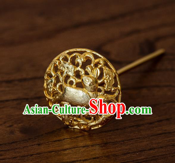 China Ancient Court Queen Hair Stick Hair Accessories Traditional Tang Dynasty Empress Gilding Rabbit Hairpin