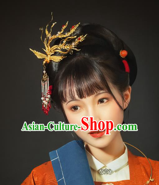 China Ancient Court Queen Phoenix Hair Crown Hair Accessories Traditional Ming Dynasty Empress Gilding Tassel Hairpin