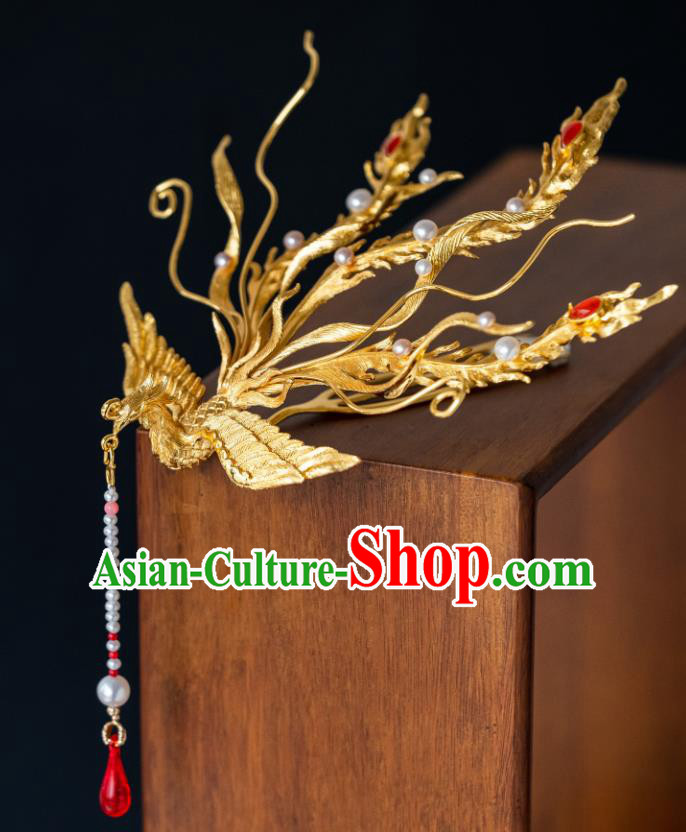 China Traditional Ming Dynasty Empress Gilding Phoenix Tassel Hairpin Ancient Court Queen Hair Crown Hair Accessories