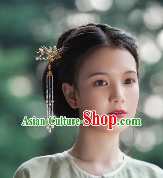 China Traditional Ming Dynasty Flower Bird Tassel Hairpin Ancient Court Lady Gilding Hair Stick Hair Accessories