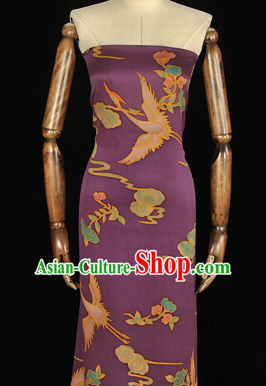 Chinese Traditional Gambiered Guangdong Gauze Classical Crane Flower Pattern Silk Fabric Cheongsam Purple Satin Cloth