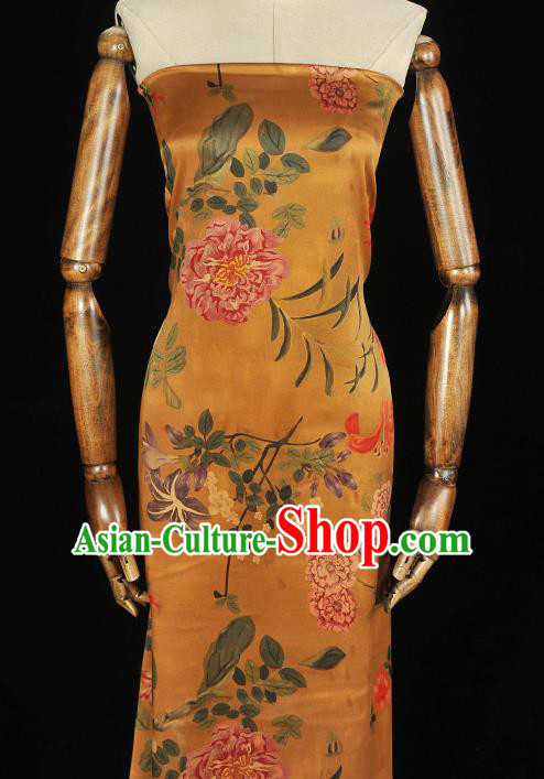 Chinese Classical Spring Flowers Pattern Silk Fabric Traditional Ginger Gambiered Guangdong Gauze Cheongsam Satin Cloth