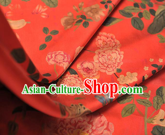 Chinese Traditional Red Gambiered Guangdong Gauze Cheongsam Classical Spring Flowers Pattern Silk Fabric Satin Cloth