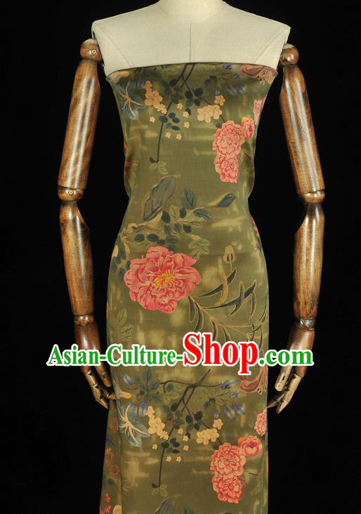 Chinese Cheongsam Classical Spring Flowers Pattern Silk Fabric Green Satin Cloth Traditional Gambiered Guangdong Gauze