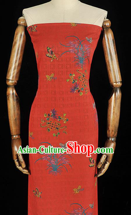 Chinese Cheongsam Classical Orchids Butterfly Pattern Silk Fabric Jacquard Cloth Traditional Red Gambiered Guangdong Gauze