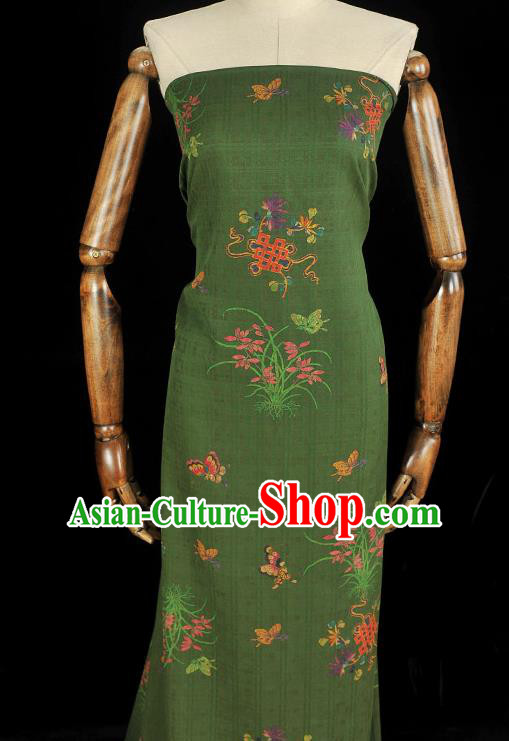 Chinese Cheongsam Jacquard Cloth Traditional Green Gambiered Guangdong Gauze Classical Orchids Butterfly Pattern Silk Fabric