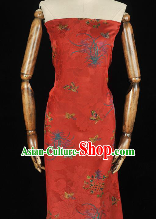 Chinese Cheongsam Traditional Jacquard Silk Fabric Gambiered Guangdong Gauze Classical Butterfly Orchids Pattern Red Satin Cloth