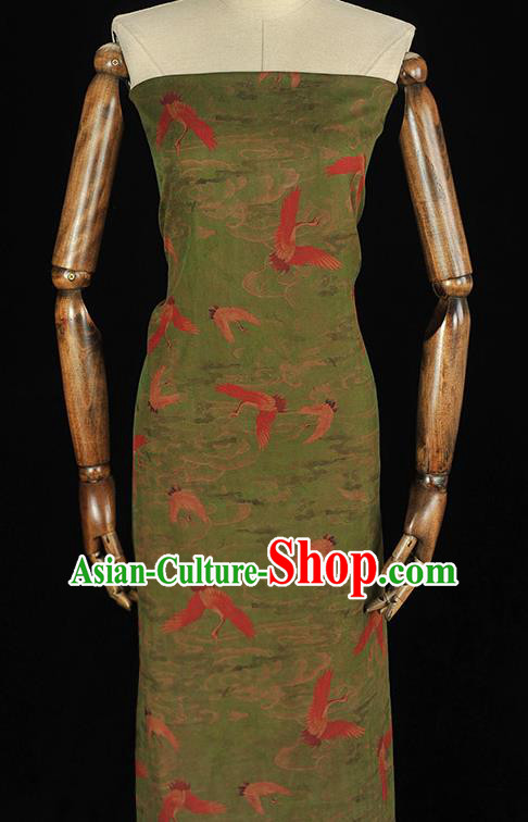 Chinese Cheongsam Gambiered Guangdong Gauze Traditional Silk Fabric Classical Cranes Pattern Green Cloth