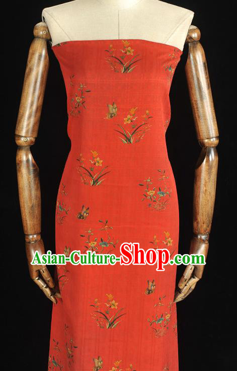 Chinese Classical Orchids Pattern Cloth Traditional Cheongsam Red Silk Fabric Gambiered Guangdong Gauze