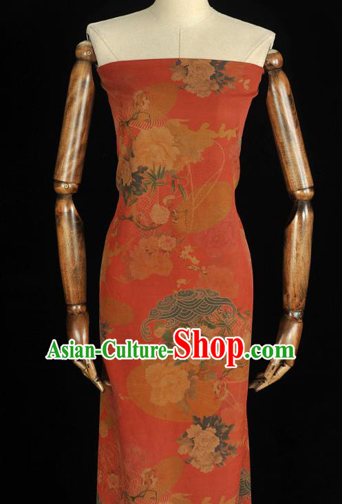 Chinese Traditional Gambiered Guangdong Gauze Classical Peony Pattern Cloth Cheongsam Red Silk Fabric