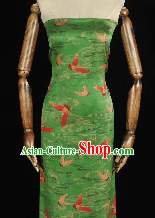 Chinese Satin Fabric Traditional Cheongsam Gambiered Guangdong Gauze Classical Cranes Pattern Green Silk Cloth