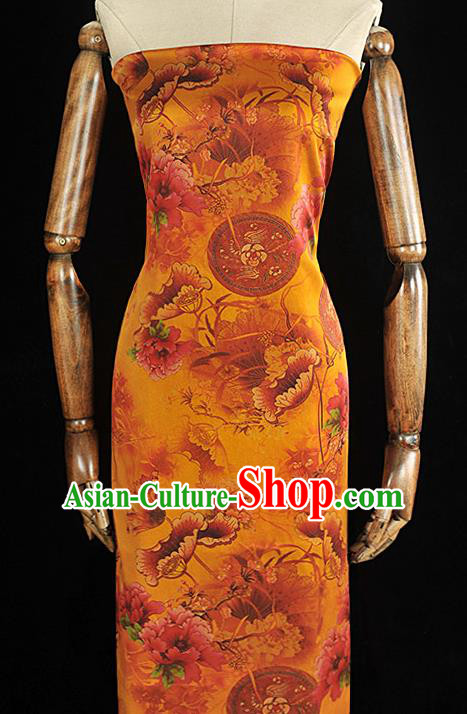 Chinese Traditional Fabric Ginger Gambiered Guangdong Gauze Cheongsam Satin Classical Lotus Peony Pattern Silk Material