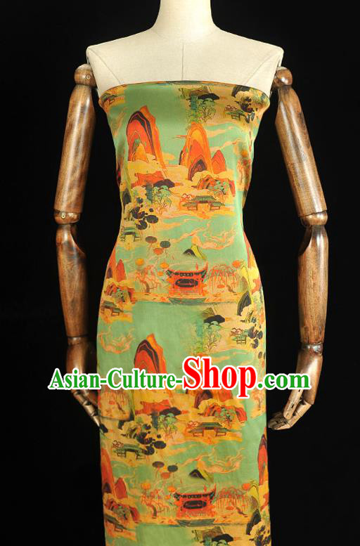 Chinese Classical Fairyland Pattern Silk Material Cheongsam Gambiered Guangdong Gauze Traditional Green Silk Fabric