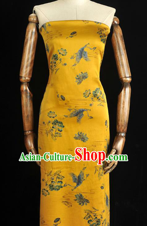 Chinese Classical Crane Lotus Pattern Silk Material Cheongsam Traditional Yellow Satin Fabric Gambiered Guangdong Gauze