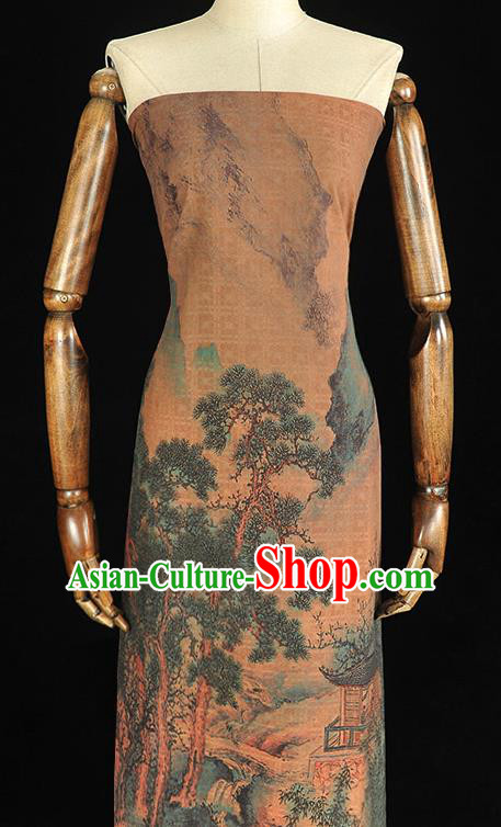 Chinese Cheongsam Gambiered Guangdong Gauze Traditional Jacquard Brown Fabric Classical Hill Pavilion Pattern Silk Cloth