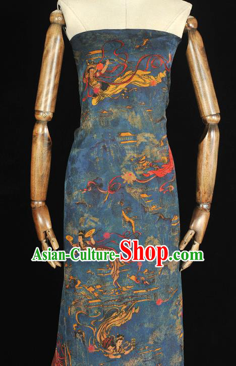 Chinese Cheongsam Traditional Silk Fabric Blue Gambiered Guangdong Gauze Classical Flying Goddess Pattern Silk Material