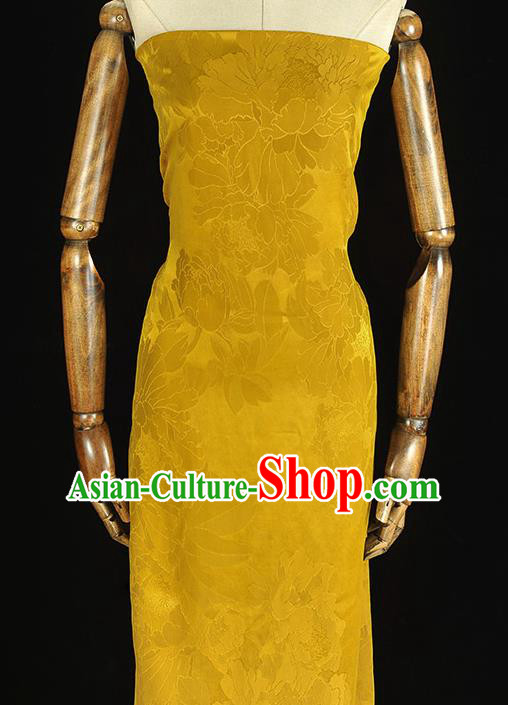 Traditional Yellow Gambiered Guangdong Gauze Chinese Cheongsam Jacquard Silk Fabric Classical Peony Pattern Satin Material