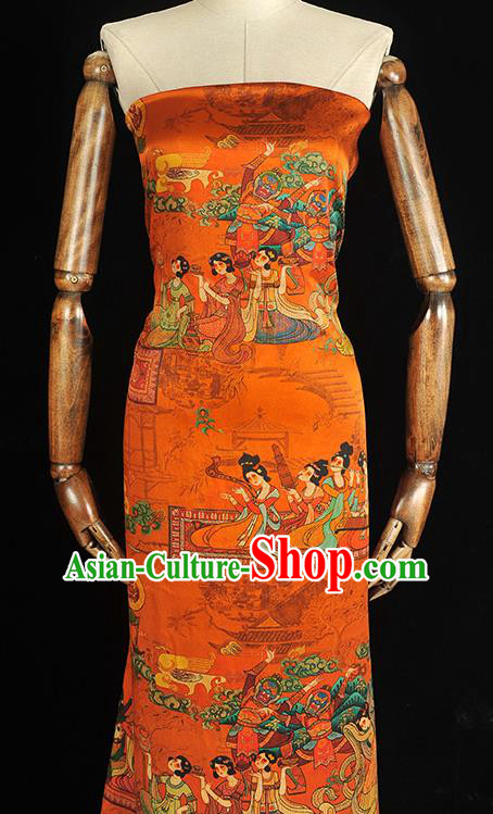 Traditional Silk Material Chinese Cheongsam Classical Musician Beauty Pattern Silk Fabric Orange Gambiered Guangdong Gauze