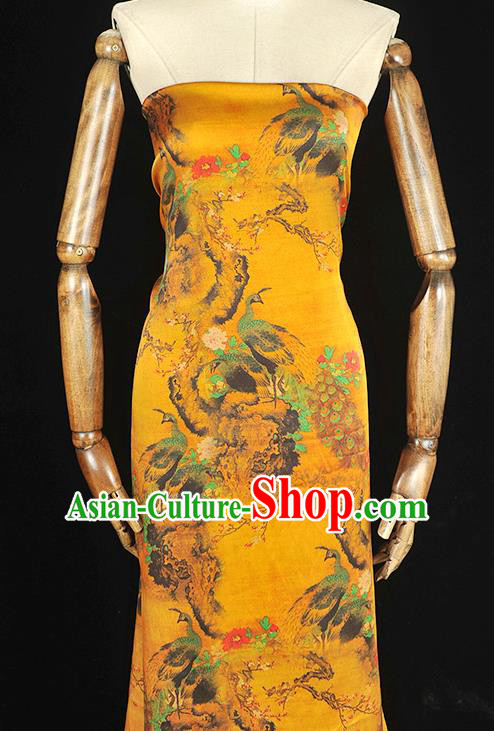 Traditional Yellow Satin Material Gambiered Guangdong Gauze Chinese Cheongsam Classical Peacock Peony Pattern Silk Fabric