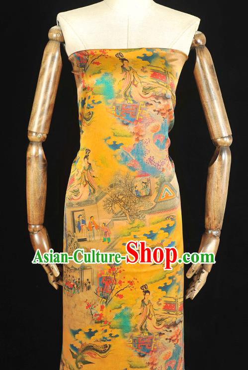 Traditional Gambiered Guangdong Gauze Chinese Cheongsam Classical Goddess Pattern Silk Fabric Yellow Jacquard Material