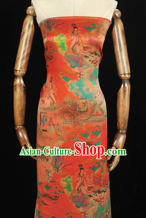 Traditional Red Gambiered Guangdong Gauze Chinese Cheongsam Jacquard Material Classical Goddess Pattern Silk Fabric