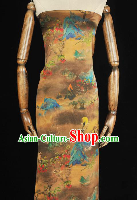 Chinese Classical Landscape Pattern Silk Fabric Traditional Cheongsam Brown Gambiered Guangdong Gauze Jacquard Material