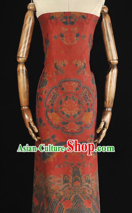 China Classical Cheongsam Gambiered Guangdong Gauze Cloth Traditional Peony Phoenix Pattern Red Silk Fabric