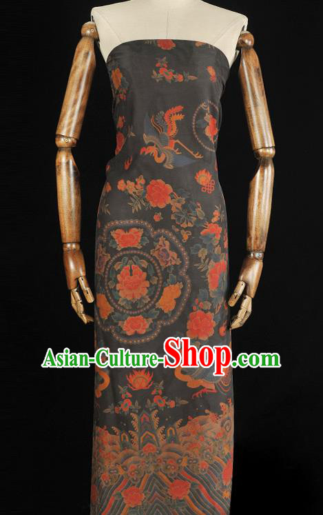 China Classical Cheongsam Black Gambiered Guangdong Gauze Cloth Traditional Peony Phoenix Pattern Silk Fabric