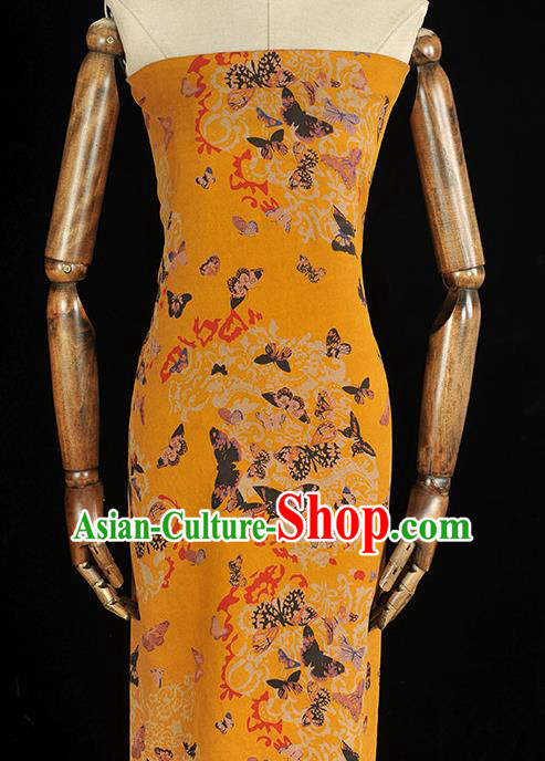 Chinese Traditional Butterfly Pattern Yellow Silk Fabric Cheongsam Gambiered Guangdong Gauze