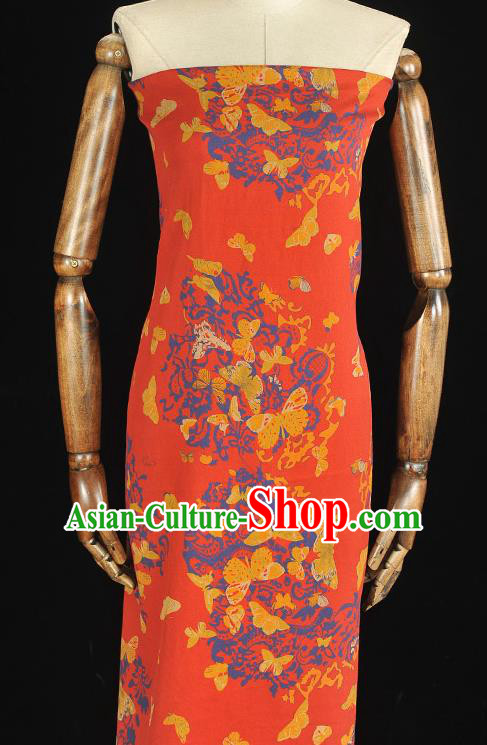 Chinese Red Gambiered Guangdong Gauze Traditional Butterfly Pattern Silk Fabric Cheongsam Material