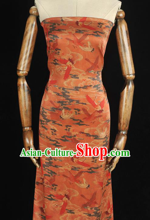 Chinese Classical Cranes Pattern Silk Cloth Rust Red Satin Fabric Traditional Cheongsam Gambiered Guangdong Gauze