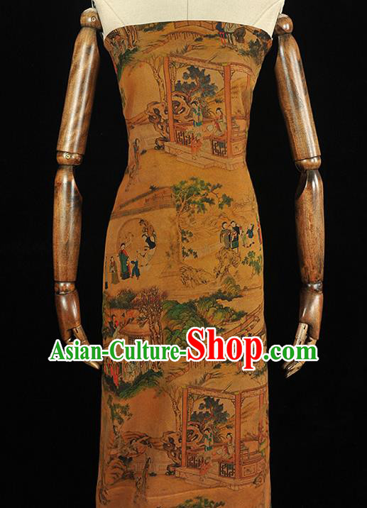 Chinese Traditional Ming Dynasty Beauty Pattern Silk Fabric Classical Cheongsam Material Brown Gambiered Guangdong Gauze