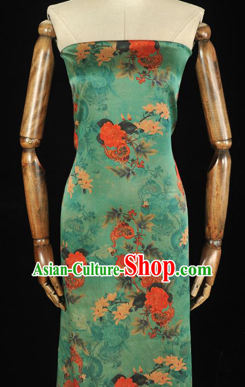 Top Chinese Classical Cheongsam Satin Fabric Traditional Pomegranate Peony Pattern Silk Material Green Gambiered Guangdong Gauze