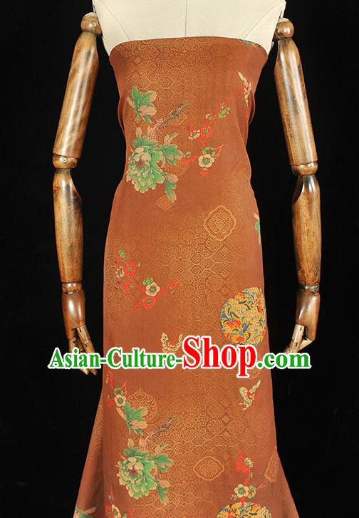 Brown Chinese Gambiered Guangdong Gauze Traditional Peony Butterfly Pattern Silk Fabric Classical Cheongsam Satin Material